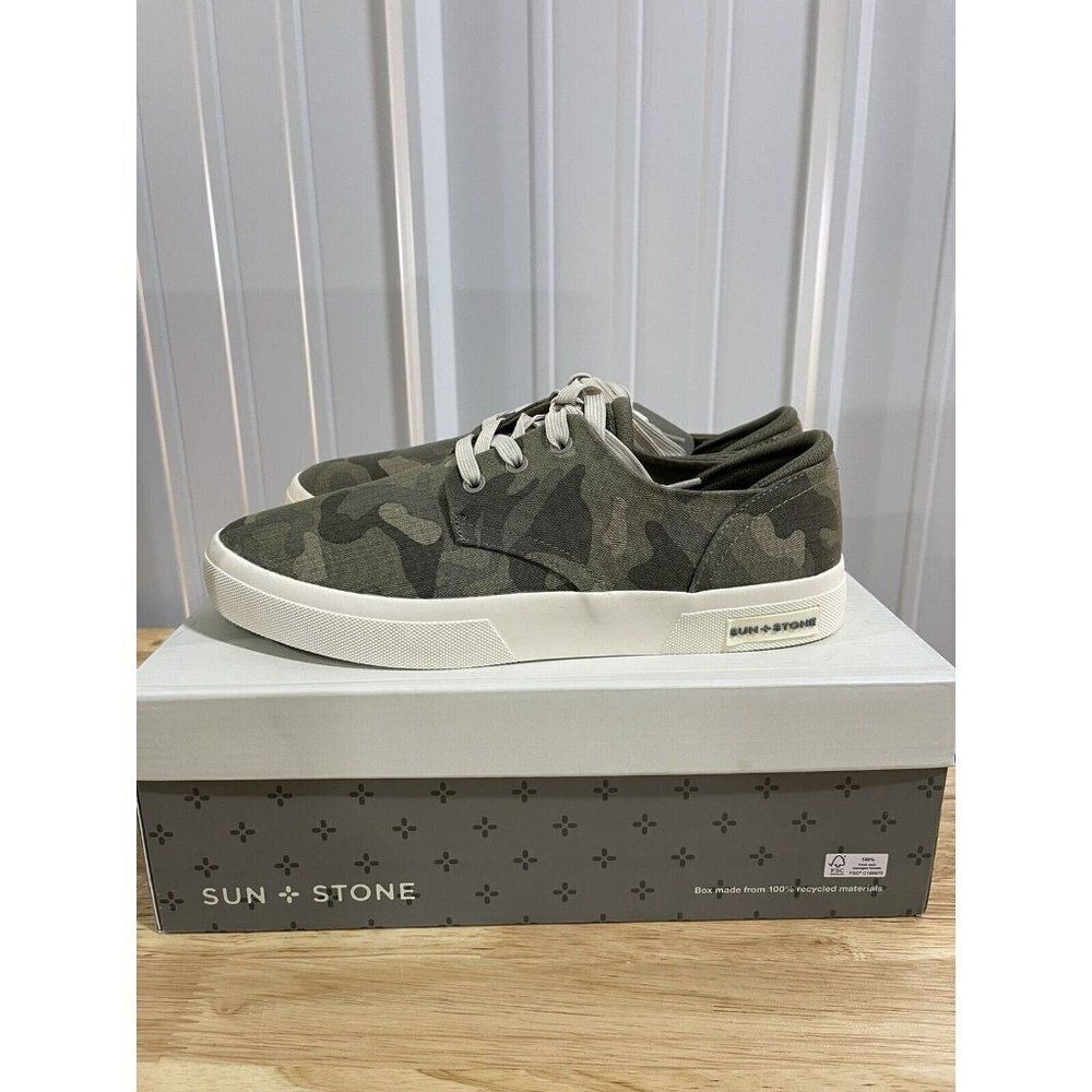 Sun + Stone Men's Camo Canvas Low-Top Sneakers in Olive Green